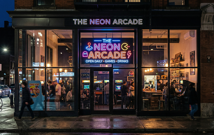Neon sign in an arcade, glowing vibrant colors